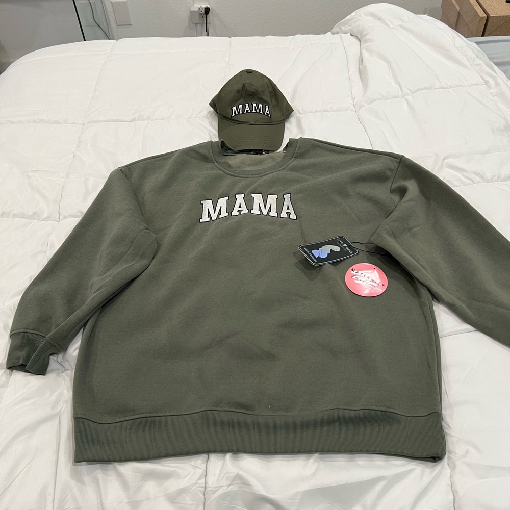 Mama Olive Green Sweatshirt and Cap Set - Maternity Size S/M